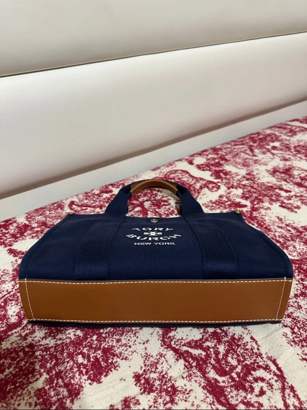 Tory Burch Navy Canvas 2-Way Bag with Tan Leather Trim